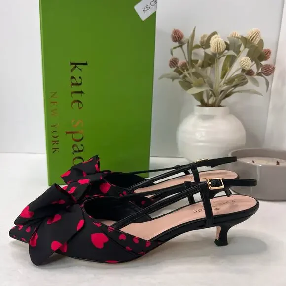 Kate Spade Daxton Heart Kitten Heel Slingback Black/Red Women 7.5M NWB Valentine - Picture 2 of 11